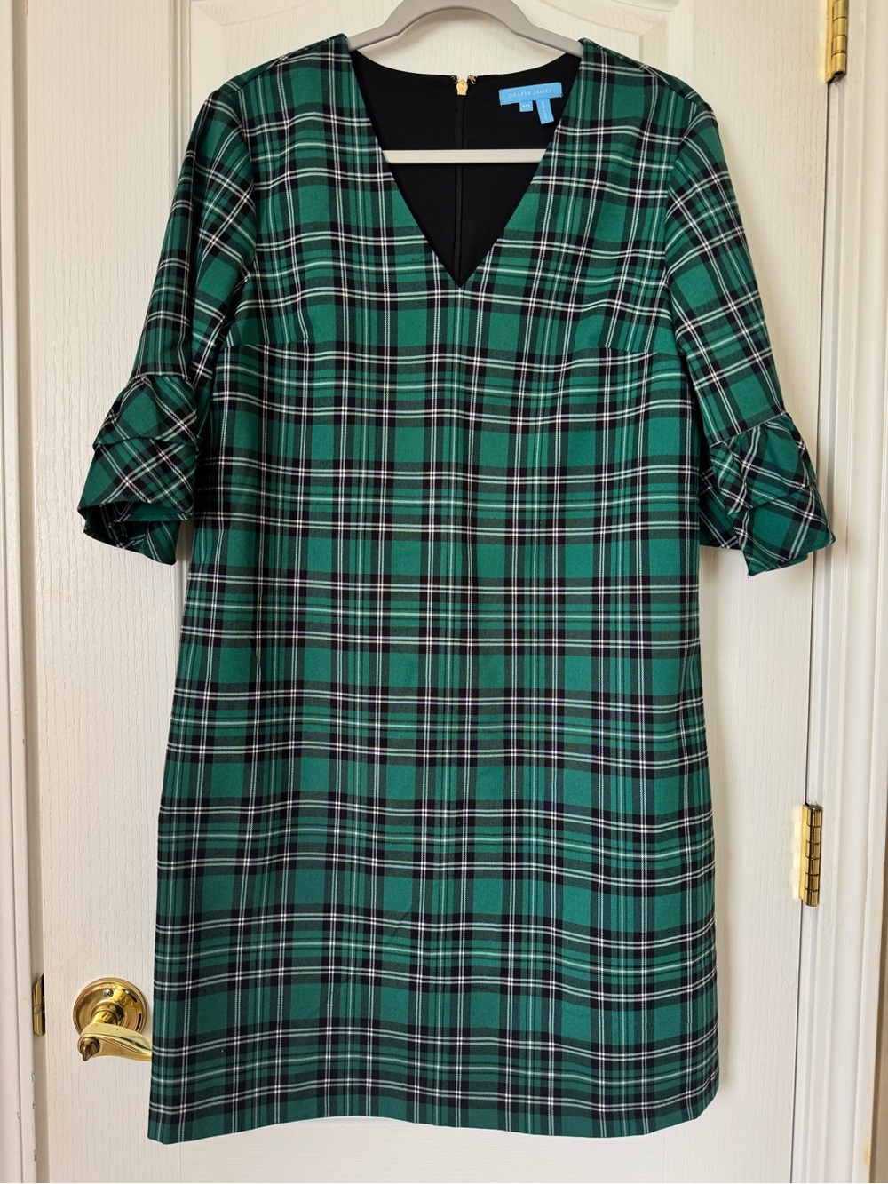 Draper James Green Plaid Ruffle Sleeve Shift Dress Size 10 Lined Preppy Classic